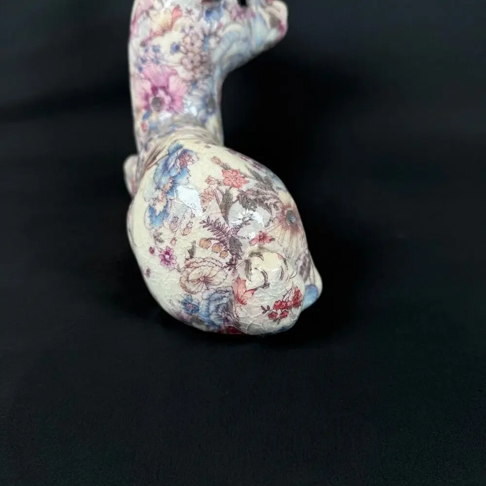 Floral Decoupage Lying Deer Figurine Ceramic Sculpture h8